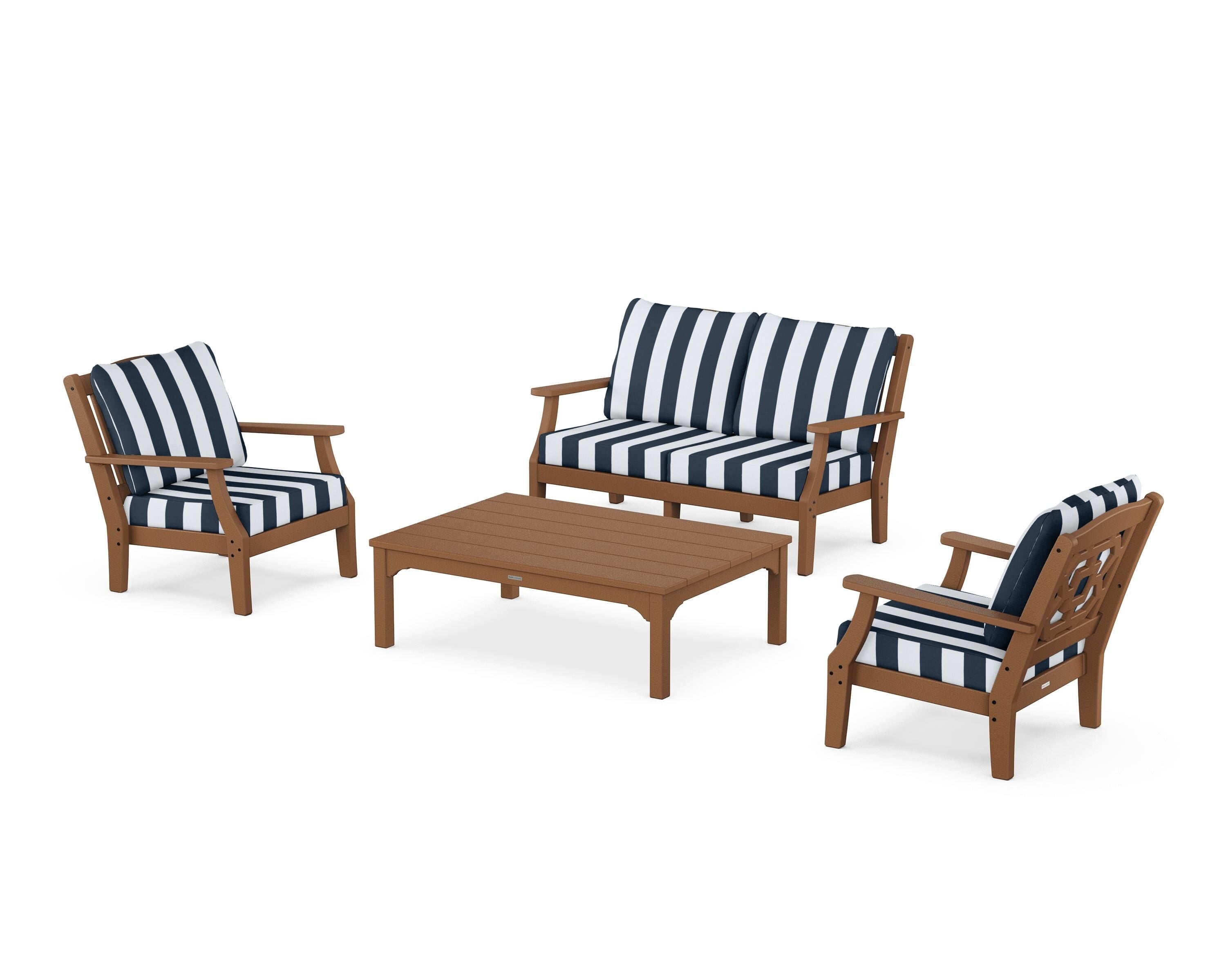 Martha Stewart by POLYWOOD® Chinoiserie 4-Piece Deep Seating Set with Loveseat in Teak / Cabana Stripe Marine Indigo