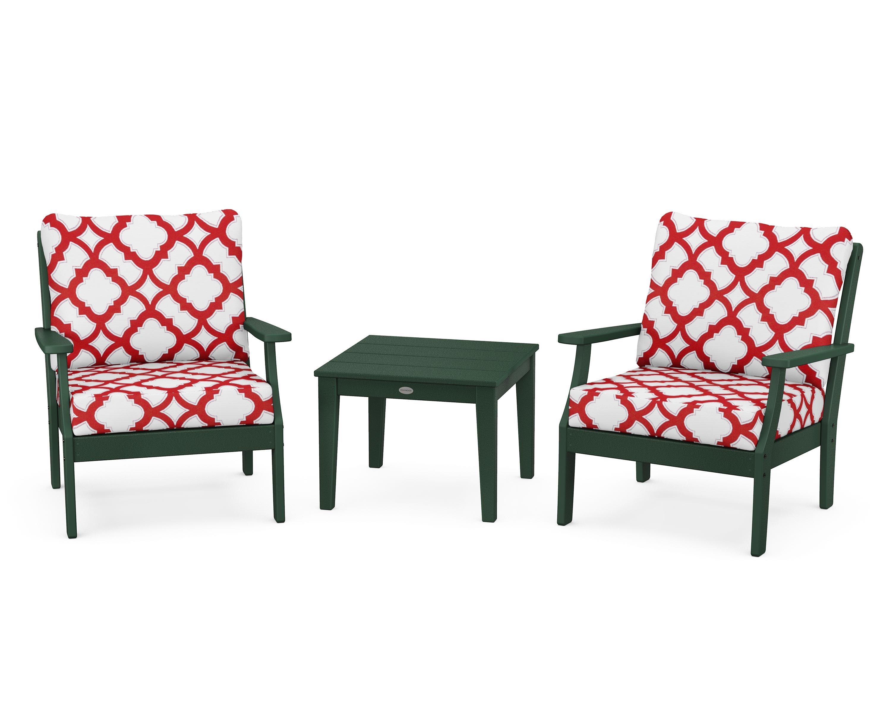 POLYWOOD® Braxton 3-Piece Deep Seating Set in Green / Trellis Crimson