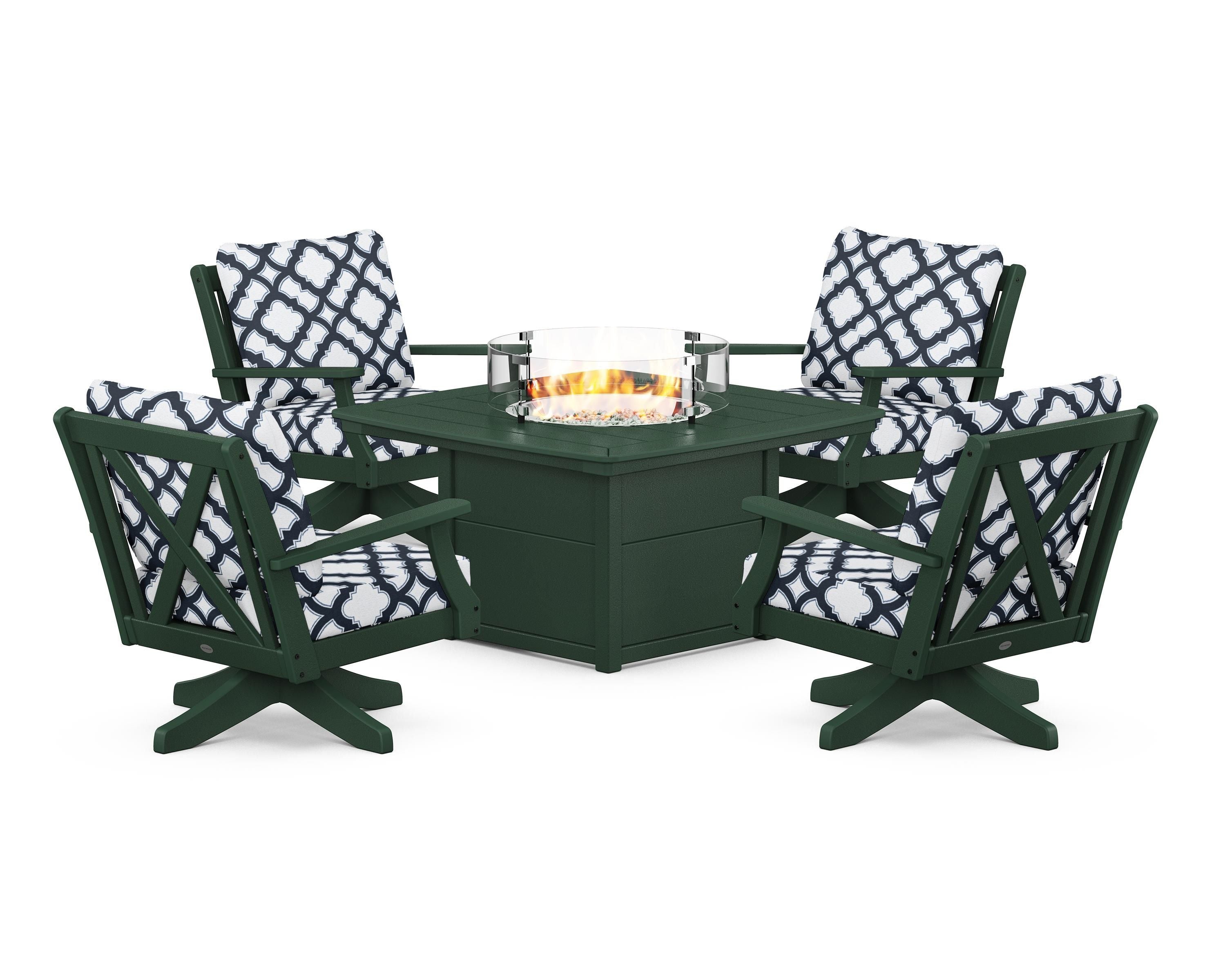 POLYWOOD® Braxton 5-Piece Deep Seating Swivel Conversation Set with Fire Pit Table in Green / Trellis Marine Indigo