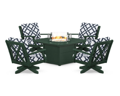 POLYWOOD® Braxton 5-Piece Deep Seating Swivel Conversation Set with Fire Pit Table in Green / Trellis Marine Indigo