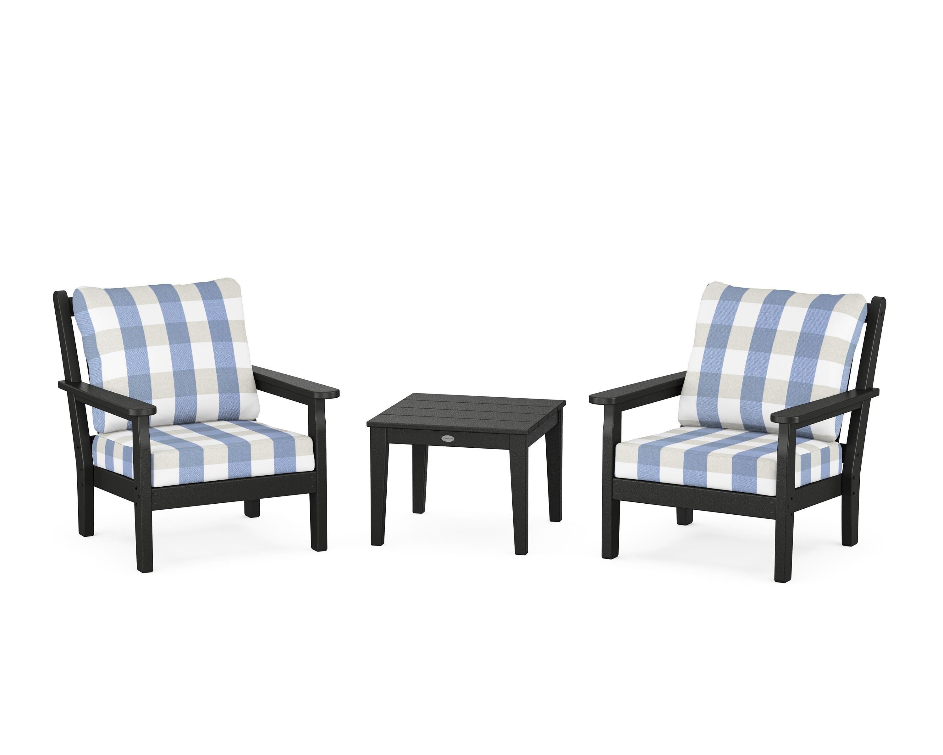 POLYWOOD® Chippendale 3-Piece Deep Seating Set in Black / Buffalo Plaid Sky Blue