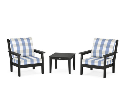 POLYWOOD® Chippendale 3-Piece Deep Seating Set in Black / Buffalo Plaid Sky Blue