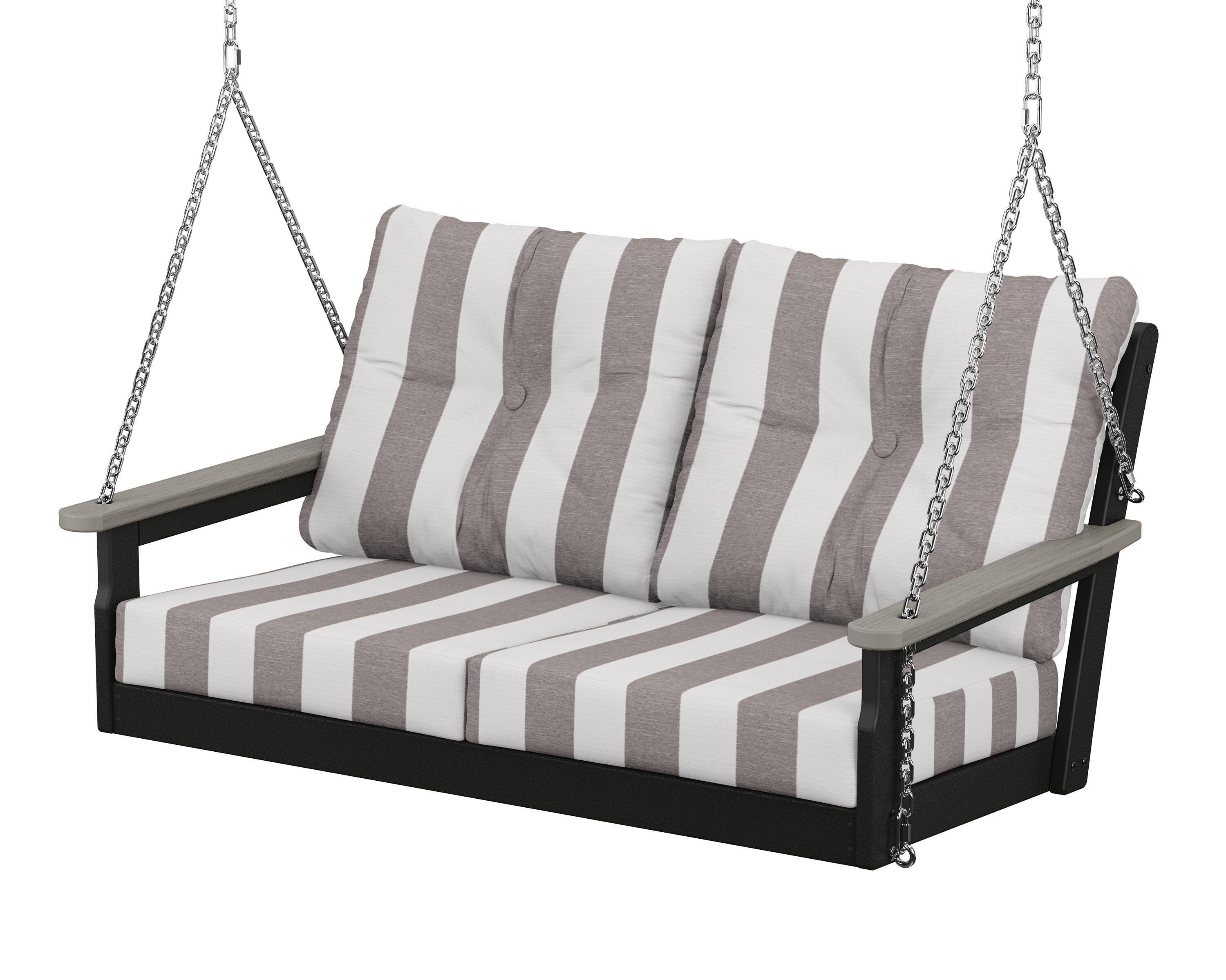 POLYWOOD® Vineyard Deep Seating Swing in Black / Driftwood / Cabana Stripe Grey Mist