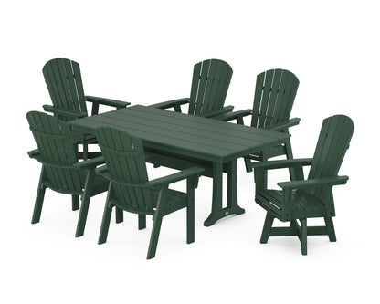 POLYWOOD® Nautical Curveback Adirondack Swivel Chair 7-Piece Farmhouse Dining Set With Trestle Legs in Green