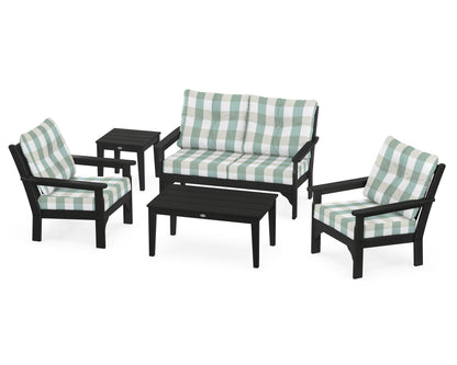 POLYWOOD® Vineyard 5-Piece Deep Seating Set in Black / Buffalo Plaid Glacier Spa