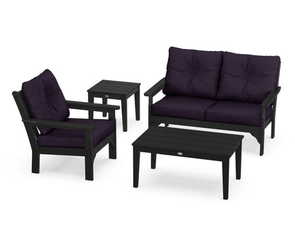 POLYWOOD® Vineyard 4-Piece Deep Seating Set in Black / Navy Linen