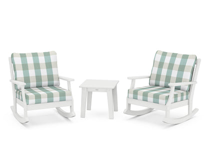 POLYWOOD® Braxton 3-Piece Deep Seating Rocker Set in White / Buffalo Plaid Glacier Spa