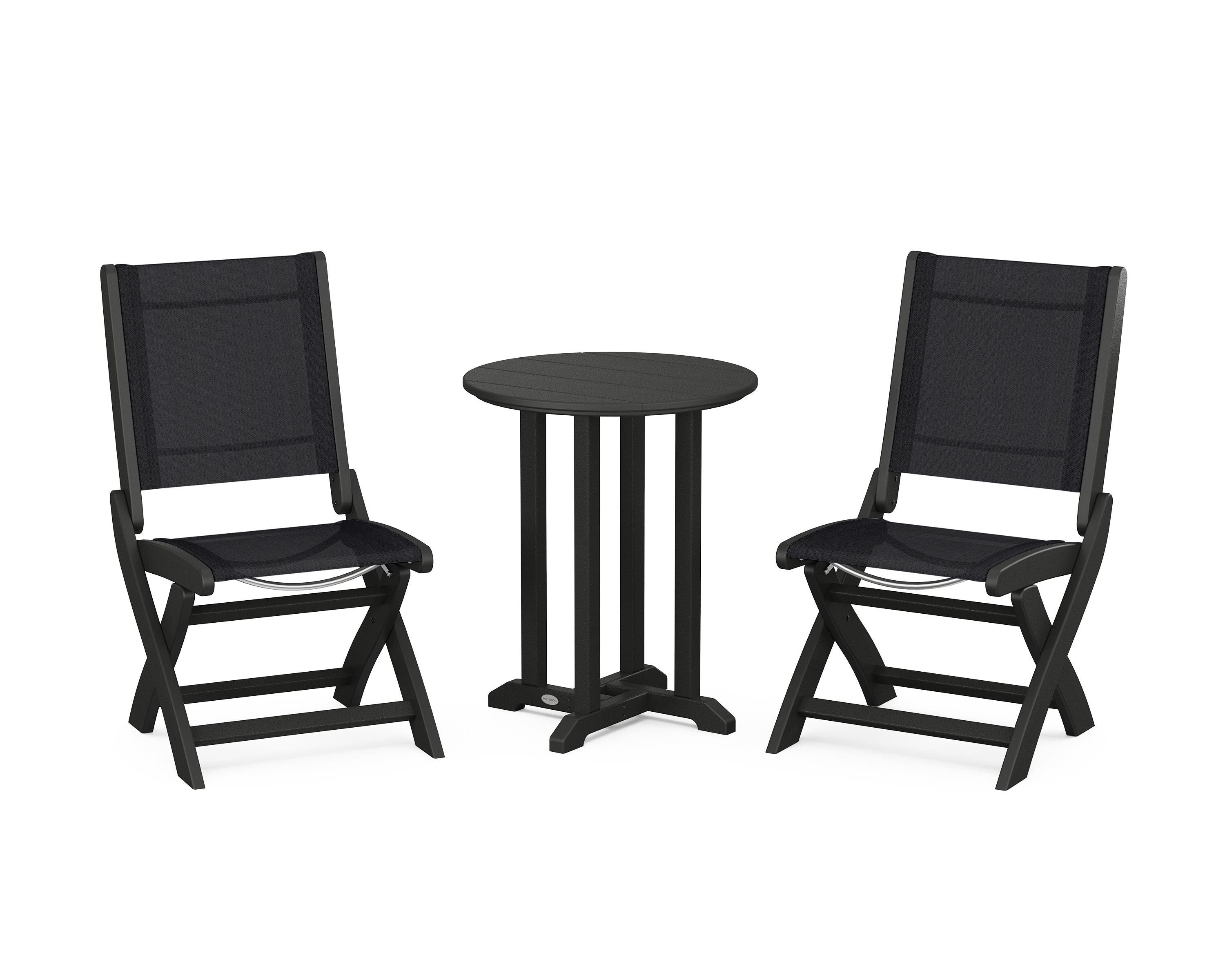 POLYWOOD® Coastal Folding Side Chair 3-Piece Round Bistro Dining Set in Black / Black Sling