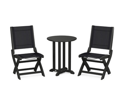 POLYWOOD® Coastal Folding Side Chair 3-Piece Round Bistro Dining Set in Black / Black Sling