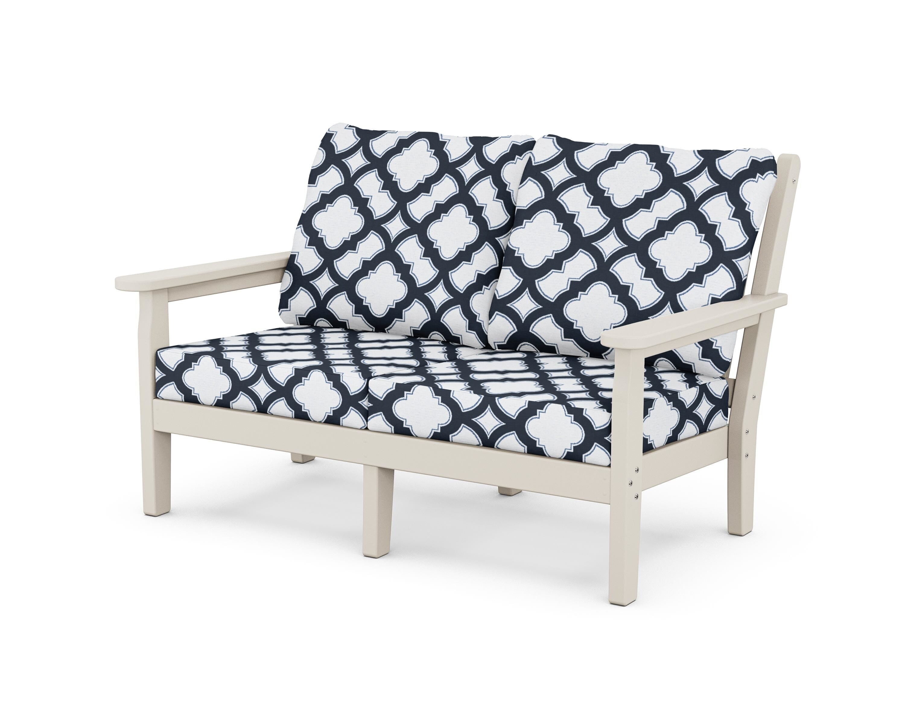 POLYWOOD® Chippendale Deep Seating Loveseat in Sand / Trellis Marine Indigo