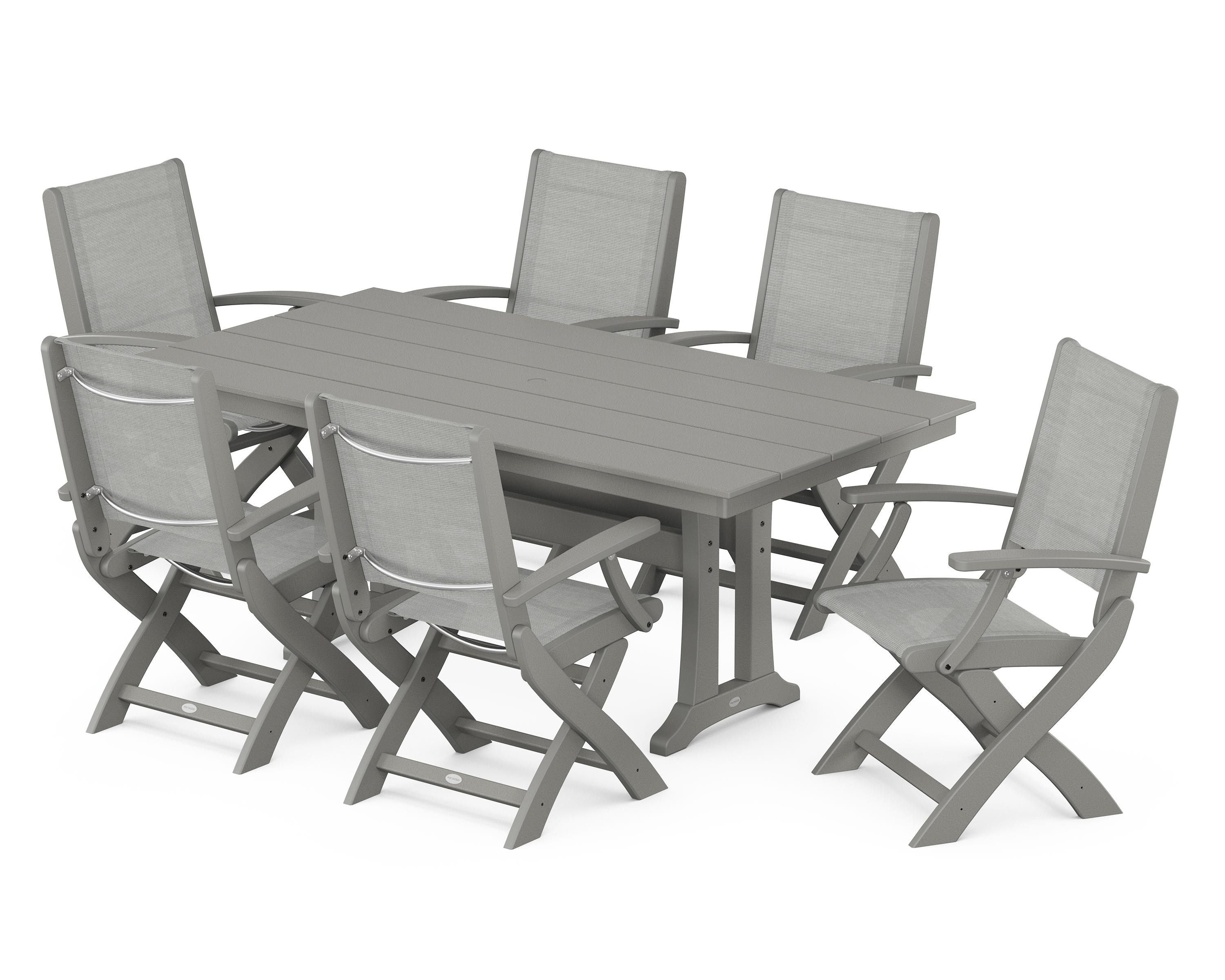 POLYWOOD® Coastal Folding Arm Chair 7-Piece Farmhouse Dining Set with Trestle Legs in Slate Grey / Metallic Sling