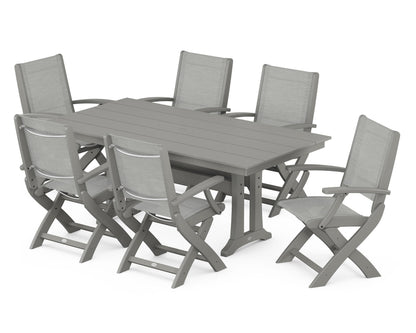 POLYWOOD® Coastal Folding Arm Chair 7-Piece Farmhouse Dining Set with Trestle Legs in Slate Grey / Metallic Sling