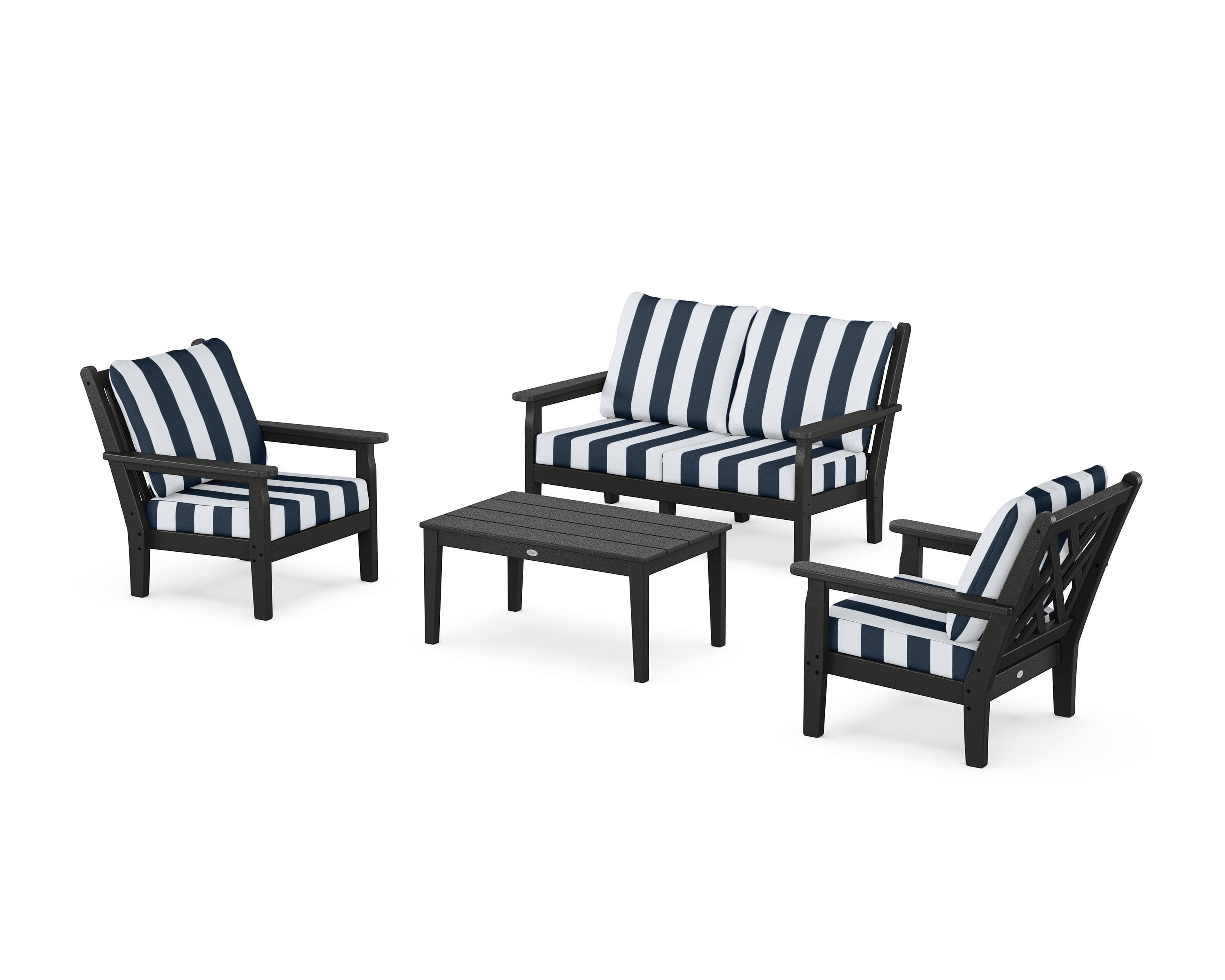 POLYWOOD® Chippendale 4-Piece Deep Seating Set with Loveseat in Black / Cabana Stripe Marine Indigo