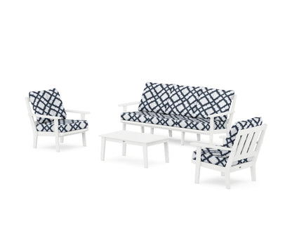 POLYWOOD® Oxford 4-Piece Deep Seating Set with Sofa in White / Trellis Marine Indigo