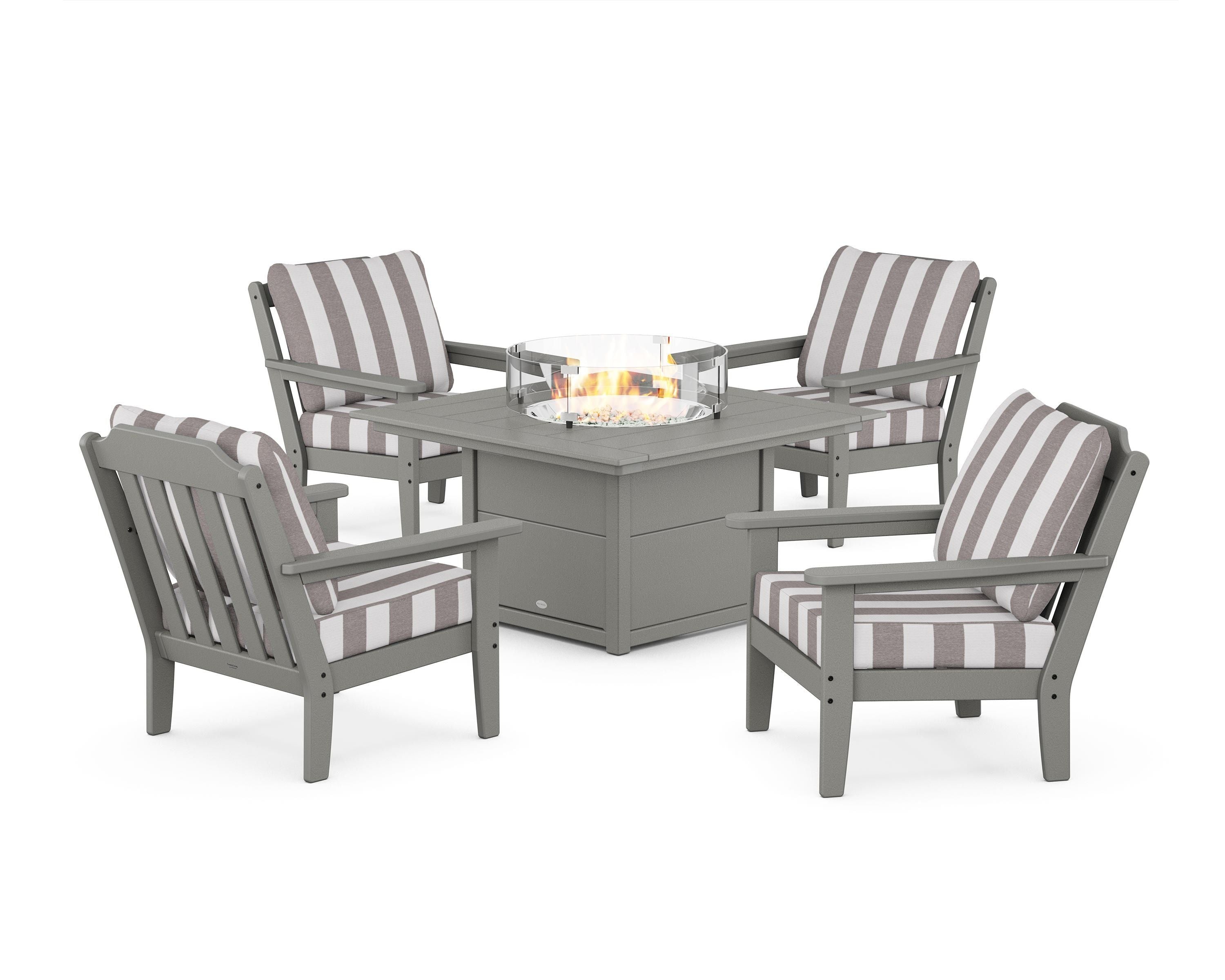 Country Living Cottage 5-Piece Deep Seating Set with Fire Pit Table in Slate Grey / Cabana Stripe Grey Mist