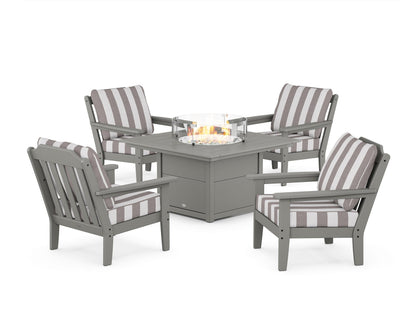 Country Living Cottage 5-Piece Deep Seating Set with Fire Pit Table in Slate Grey / Cabana Stripe Grey Mist