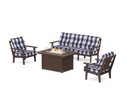POLYWOOD® Prairie Deep Seating Fire Pit Table Set in Mahogany / Buffalo Plaid Navy