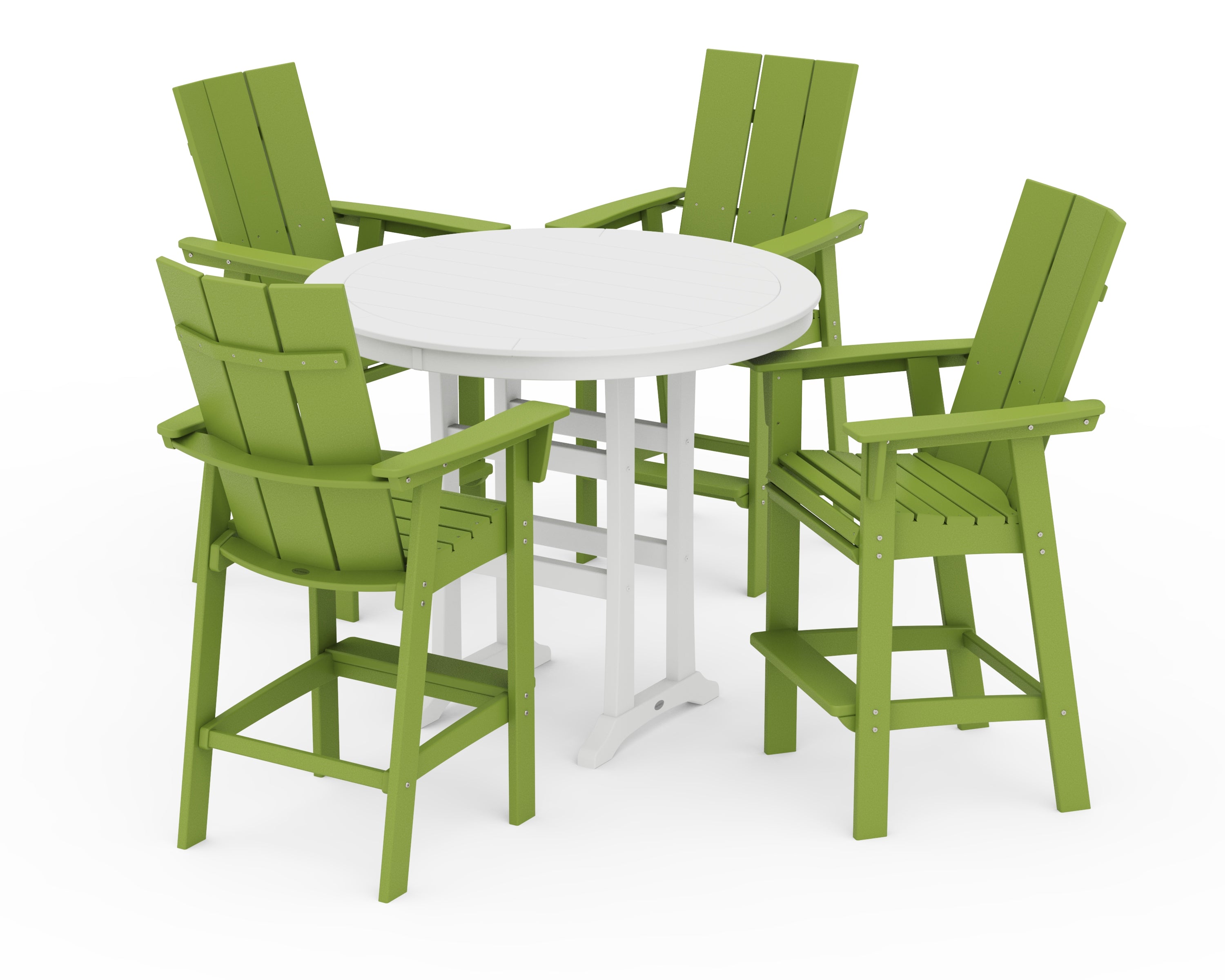 POLYWOOD® Modern Curveback Adirondack 5-Piece Nautical Trestle Bar Set in Lime / White