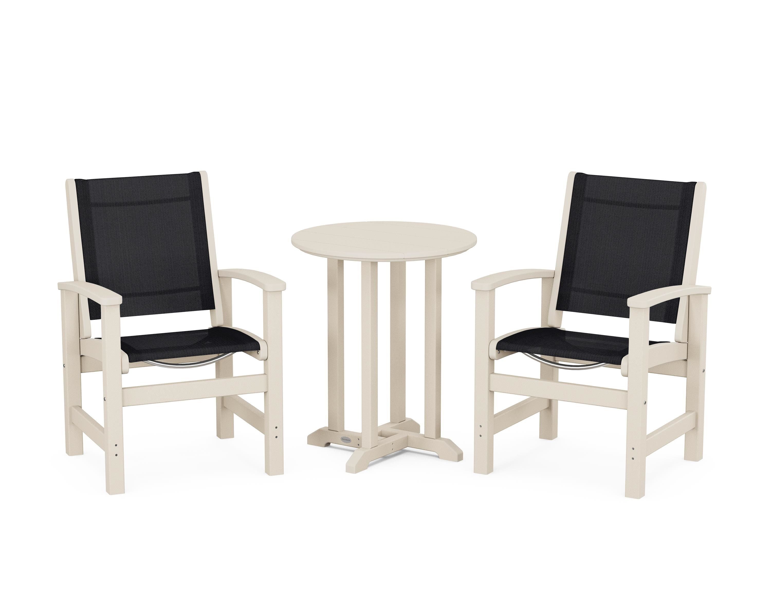 POLYWOOD® Coastal 3-Piece Round Bistro Dining Set in Sand / Black Sling