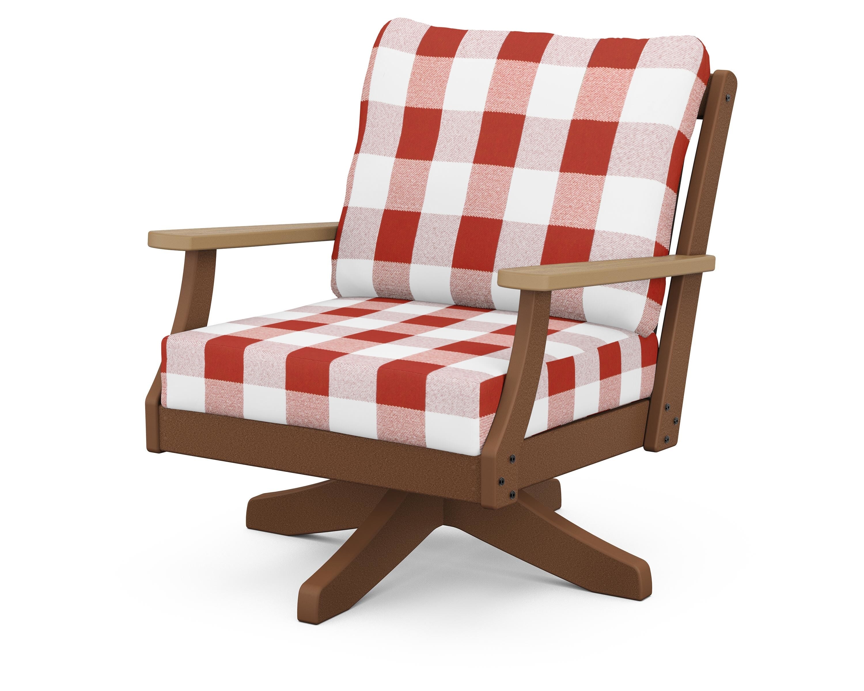 POLYWOOD® Braxton Deep Seating Swivel Chair in Teak / Natural / Buffalo Plaid Crimson