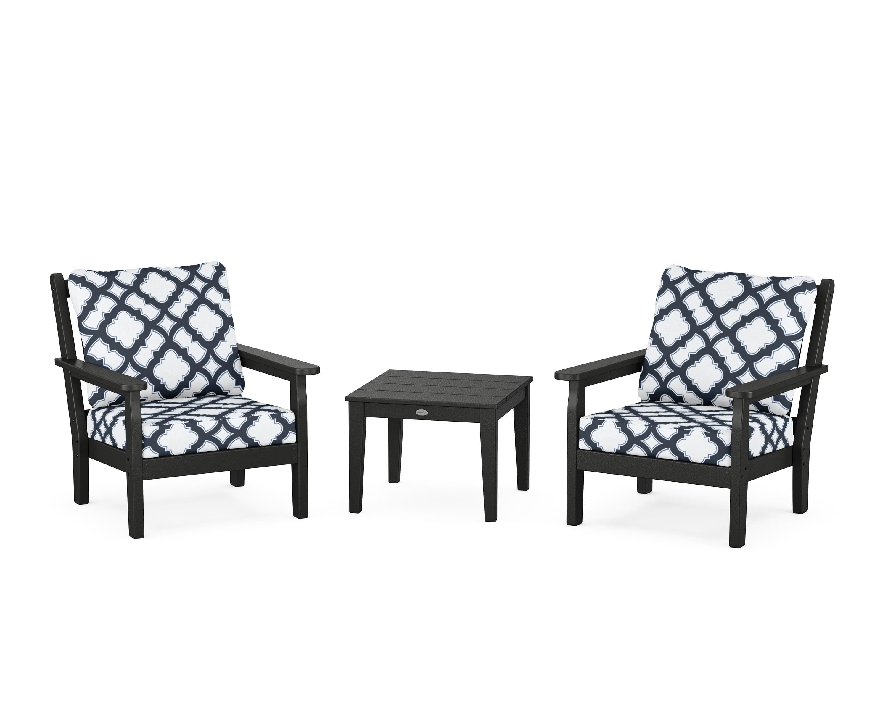 POLYWOOD® Chippendale 3-Piece Deep Seating Set in Black / Trellis Marine Indigo