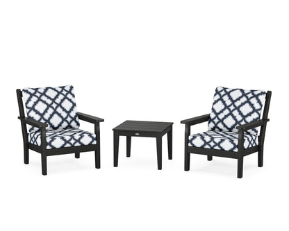 POLYWOOD® Chippendale 3-Piece Deep Seating Set in Black / Trellis Marine Indigo