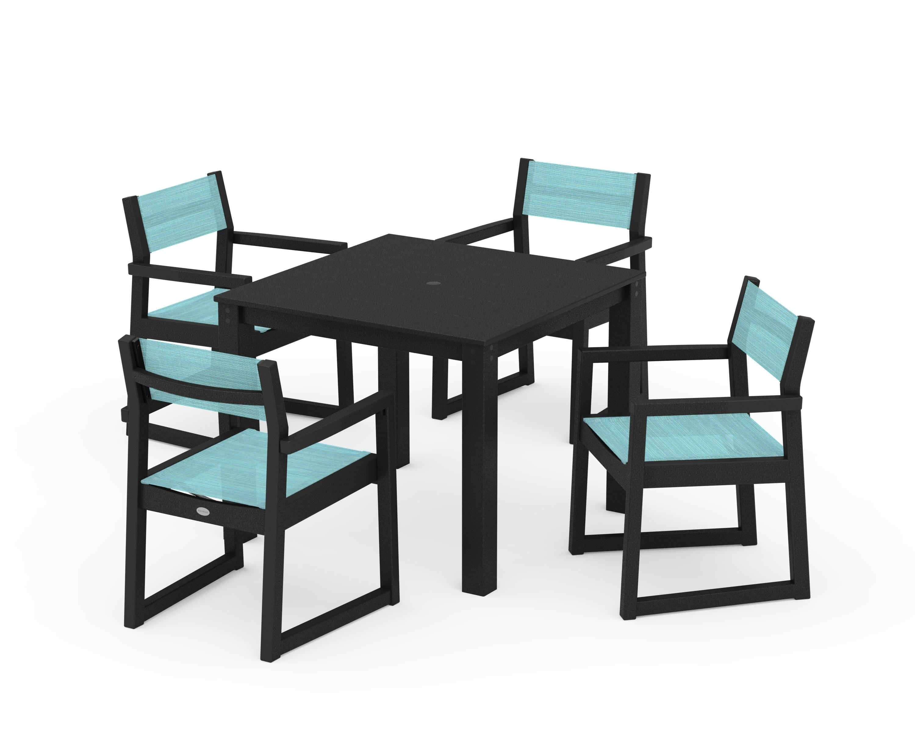 POLYWOOD® EDGE Sling Arm Chair 5-Piece Parsons Dining Set in Black / Dupioni Aquamarine Sling