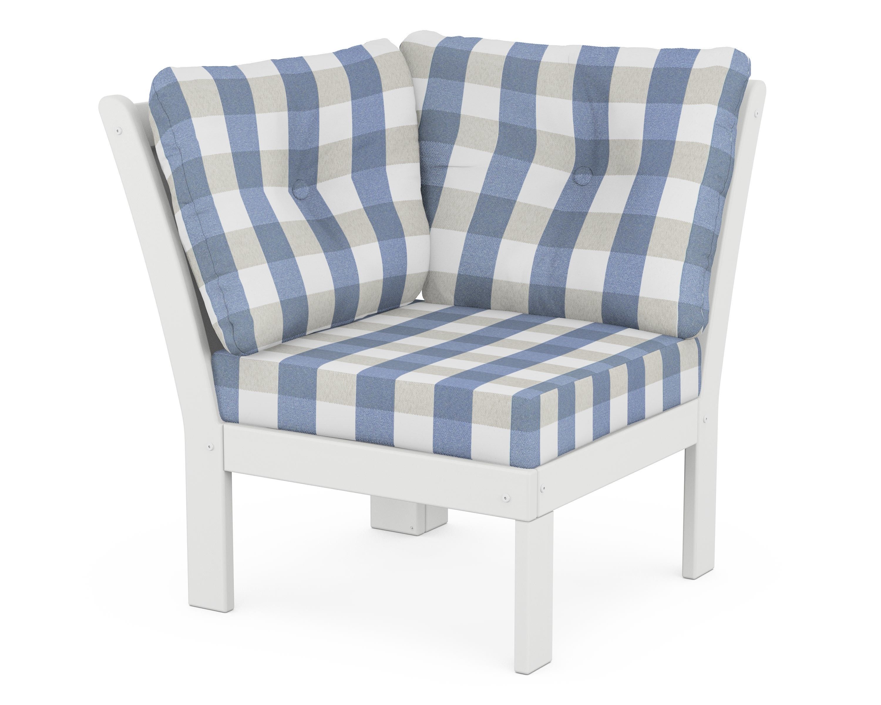 POLYWOOD® Vineyard Modular Corner Chair in White / Buffalo Plaid Sky Blue