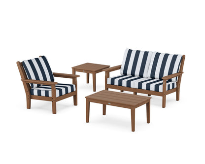POLYWOOD® Chippendale 4-Piece Deep Seating Set in Teak / Cabana Stripe Marine Indigo