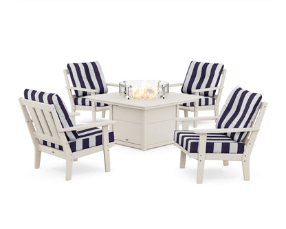 POLYWOOD® Oxford 5-Piece Deep Seating Set with Fire Pit Table in Sand / Cabana Stripe Navy