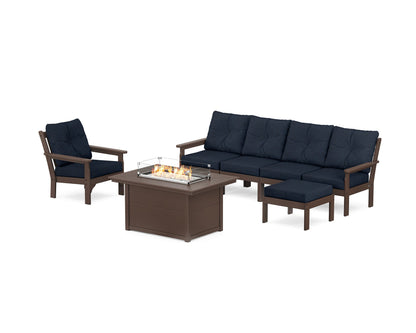 POLYWOOD® Vineyard Sectional Lounge and Fire Pit Set in Mahogany / Marine Indigo