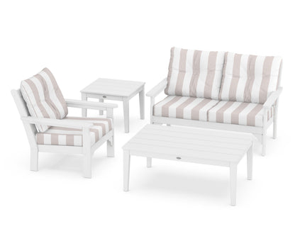 POLYWOOD® Vineyard 4-Piece Deep Seating Set in White / Cabana Stripe Dune Burlap