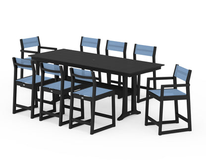 POLYWOOD® EDGE Sling 9-Piece Farmhouse Counter Set with Trestle Legs in Black / Poolside Sling