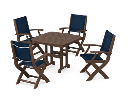 POLYWOOD® Coastal Folding Chair 5-Piece Dining Set in Mahogany / Navy Blue Sling