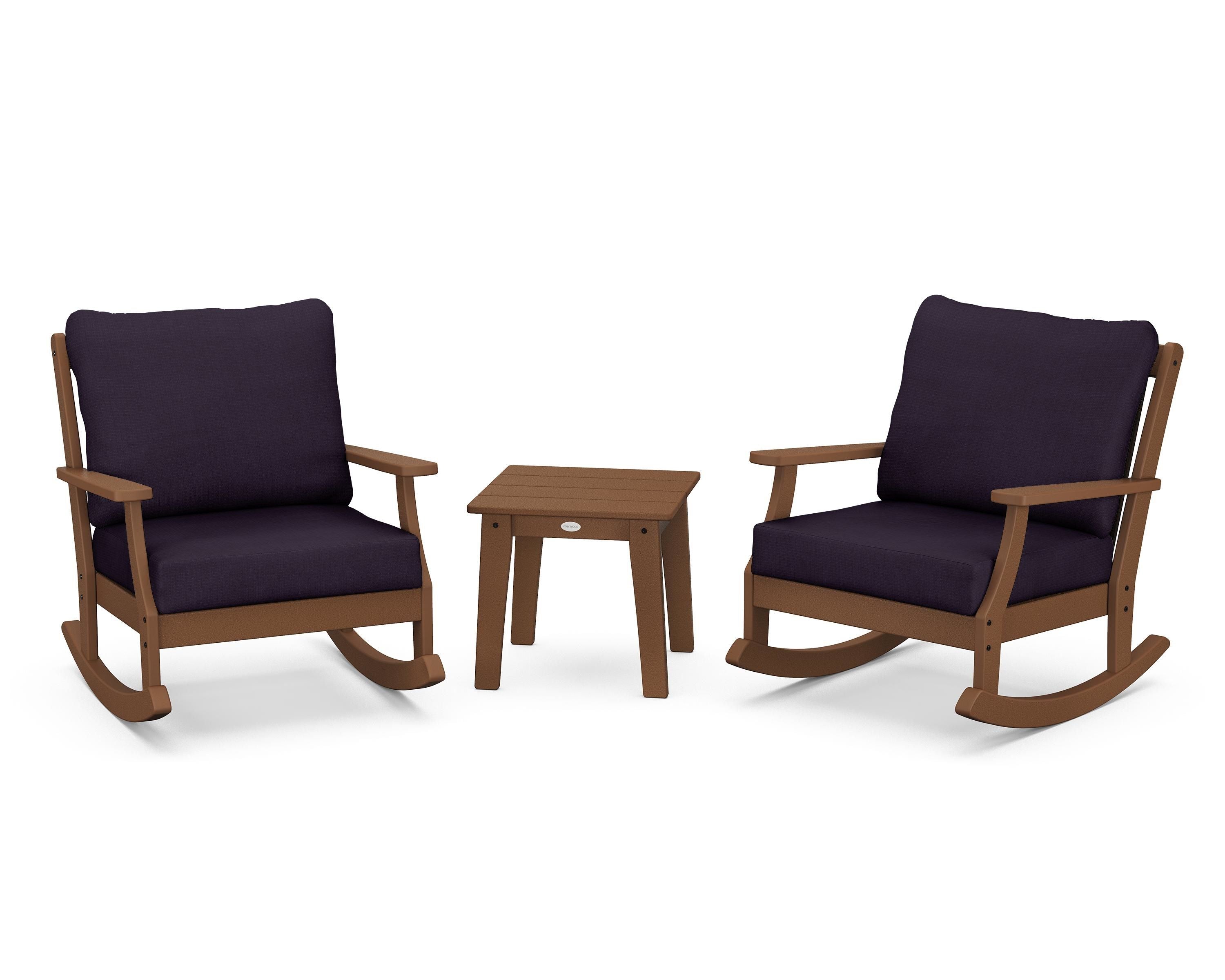 POLYWOOD® Braxton 3-Piece Deep Seating Rocker Set in Teak / Navy Linen