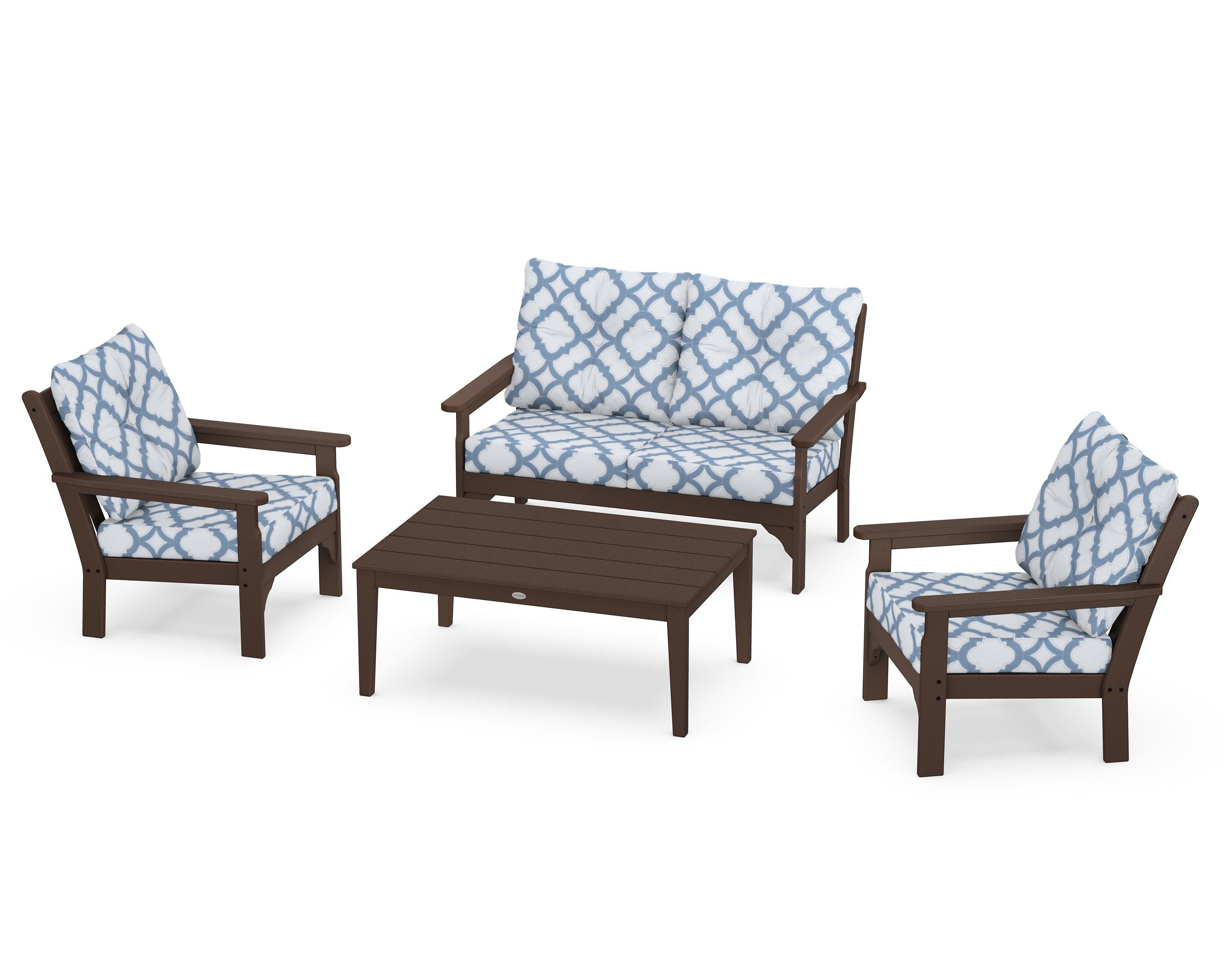 POLYWOOD® Vineyard 4-Piece Deep Seating Set in Mahogany / Trellis Sky Blue