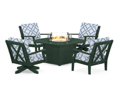 POLYWOOD® Braxton 5-Piece Deep Seating Set with Fire Table in Green / Trellis Sky Blue