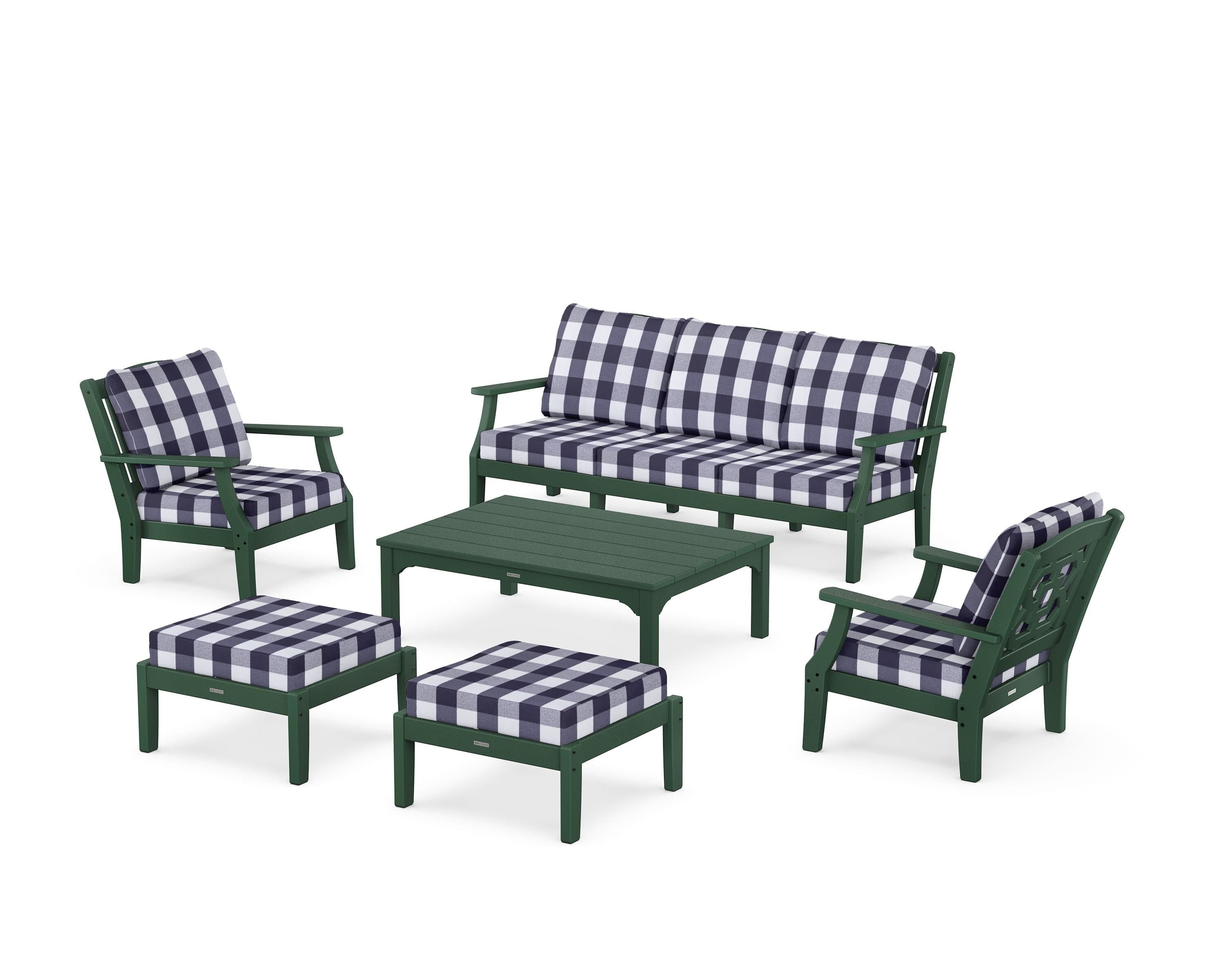Martha Stewart by POLYWOOD® Chinoiserie 6-Piece Lounge Sofa Set in Green / Buffalo Plaid Navy
