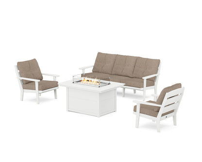 POLYWOOD® Lakeside Deep Seating Fire Pit Table Set in White / Spiced Burlap