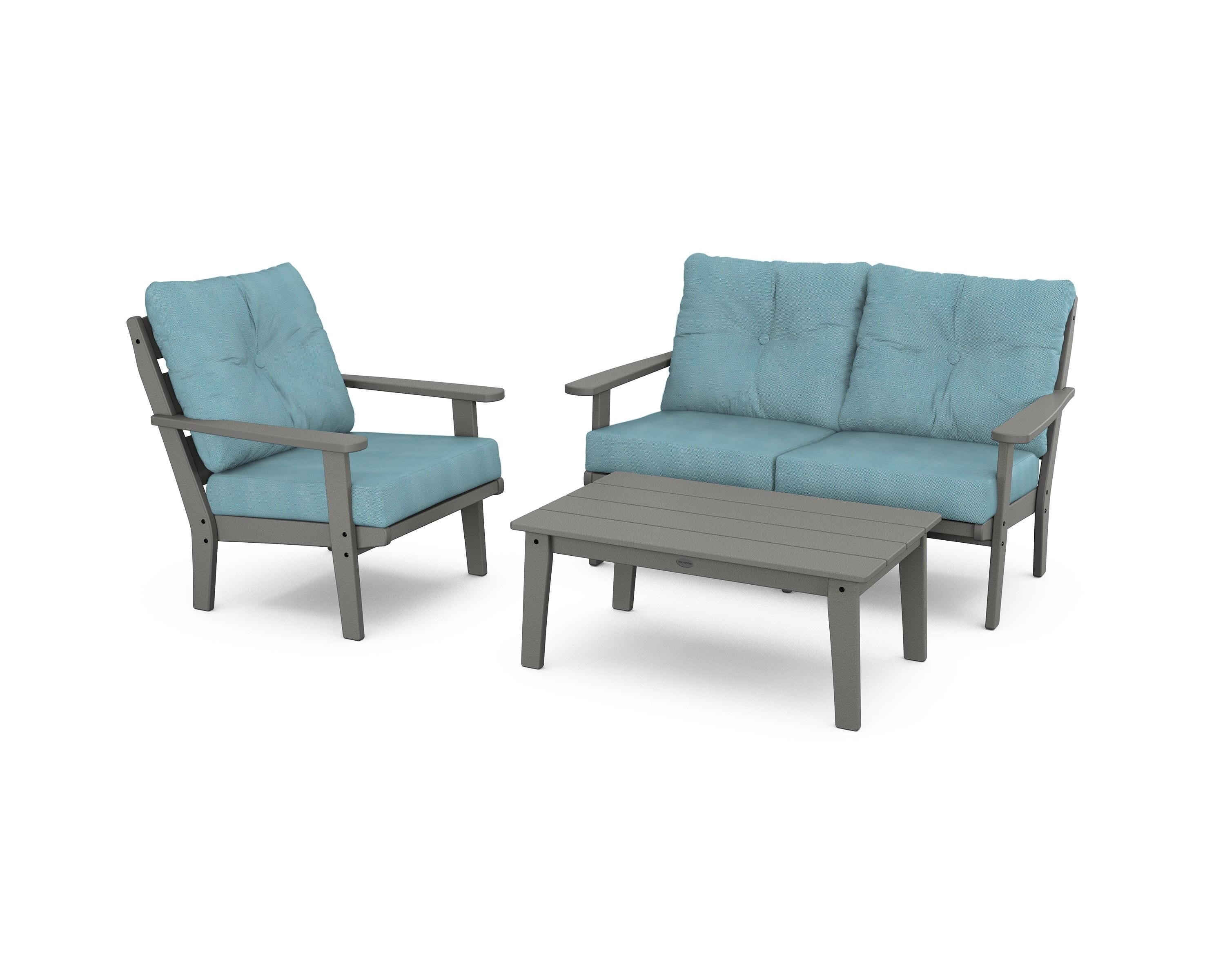 POLYWOOD® Lakeside 3-Piece Deep Seating Set in Slate Grey / Lattice Sky Blue