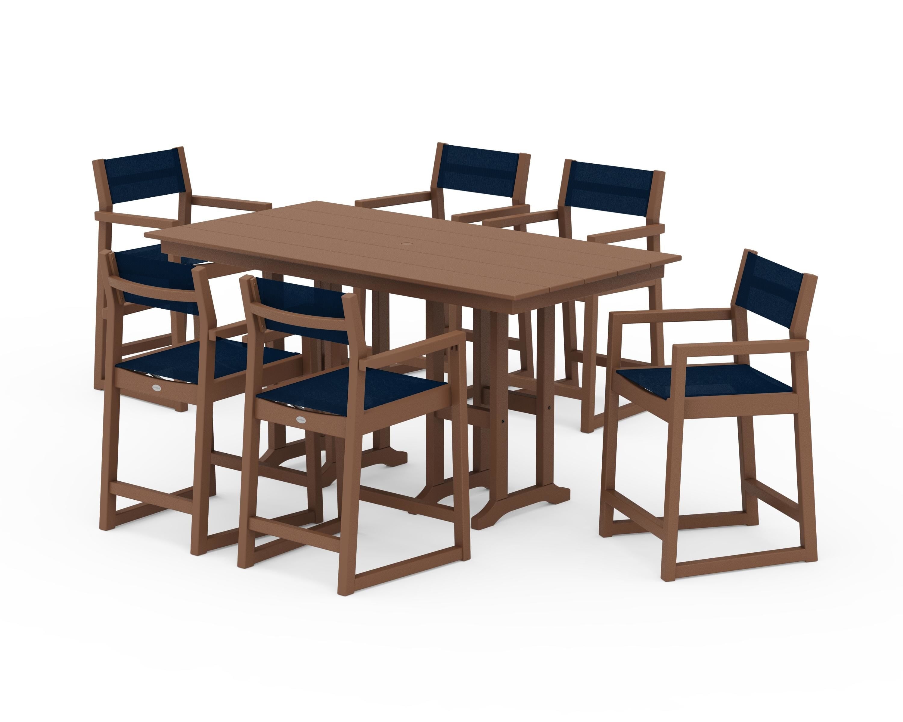 POLYWOOD® EDGE Sling Arm Chair 7-Piece Farmhouse Counter Set in Teak / Navy Blue Sling