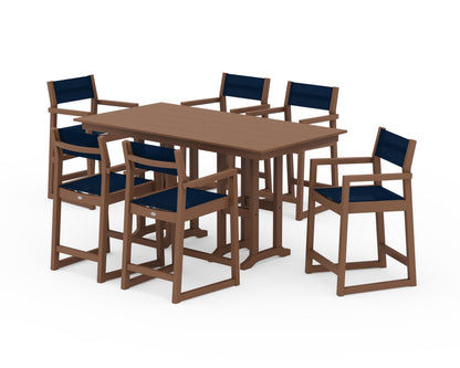 POLYWOOD® EDGE Sling Arm Chair 7-Piece Farmhouse Counter Set in Teak / Navy Blue Sling