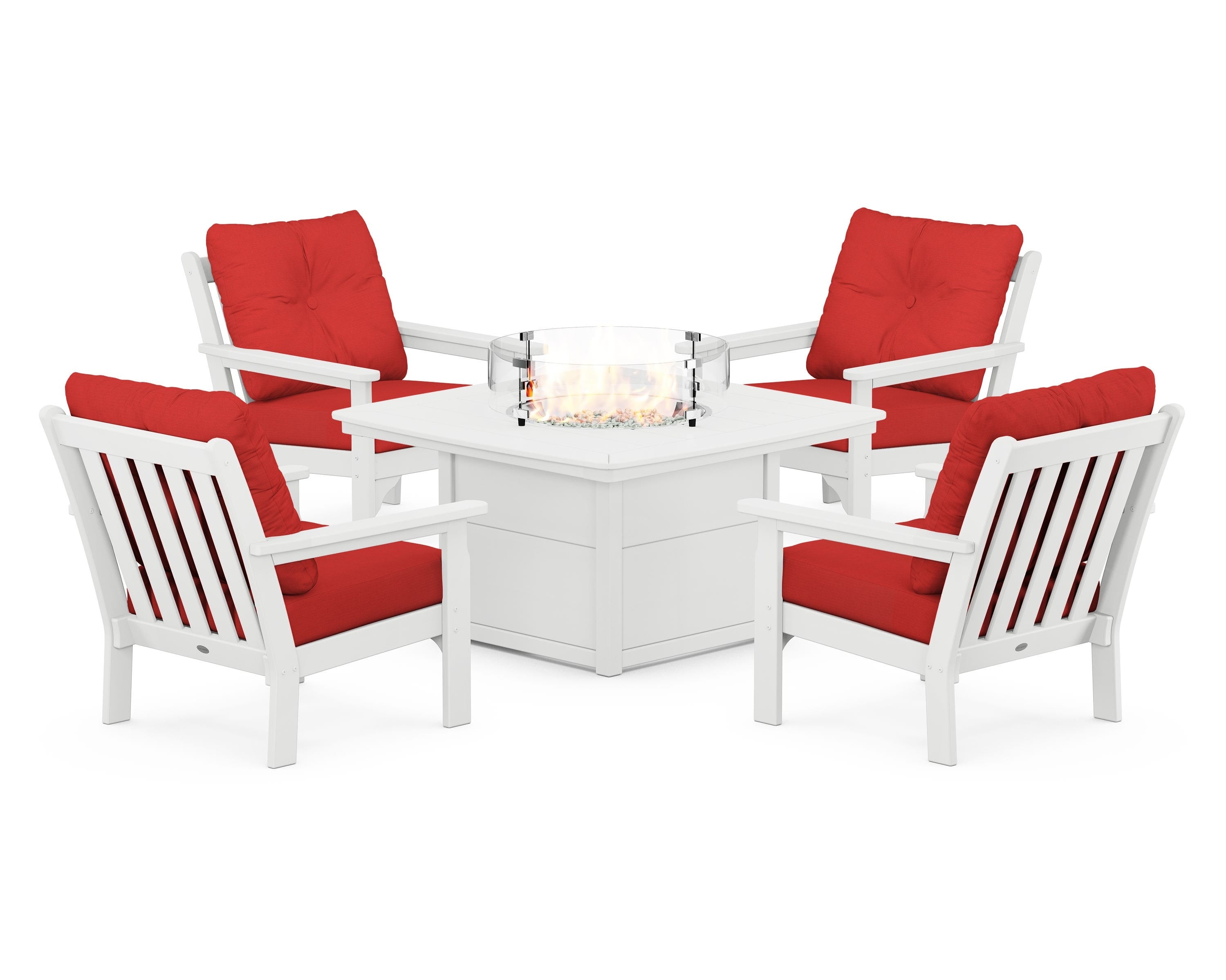 POLYWOOD® Vineyard 5-Piece Conversation Set with Fire Pit Table in White / Crimson Linen