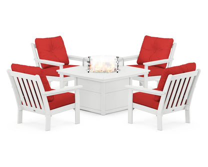 POLYWOOD® Vineyard 5-Piece Conversation Set with Fire Pit Table in White / Crimson Linen