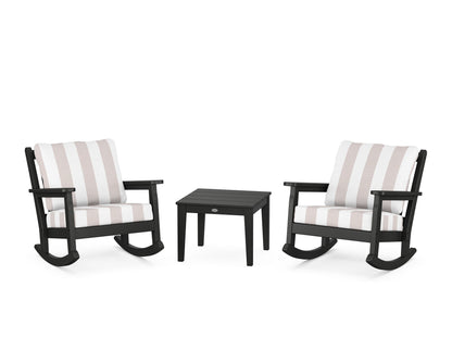 POLYWOOD® Chippendale 3-Piece Deep Seating Rocker Set in Black / Cabana Stripe Dune Burlap