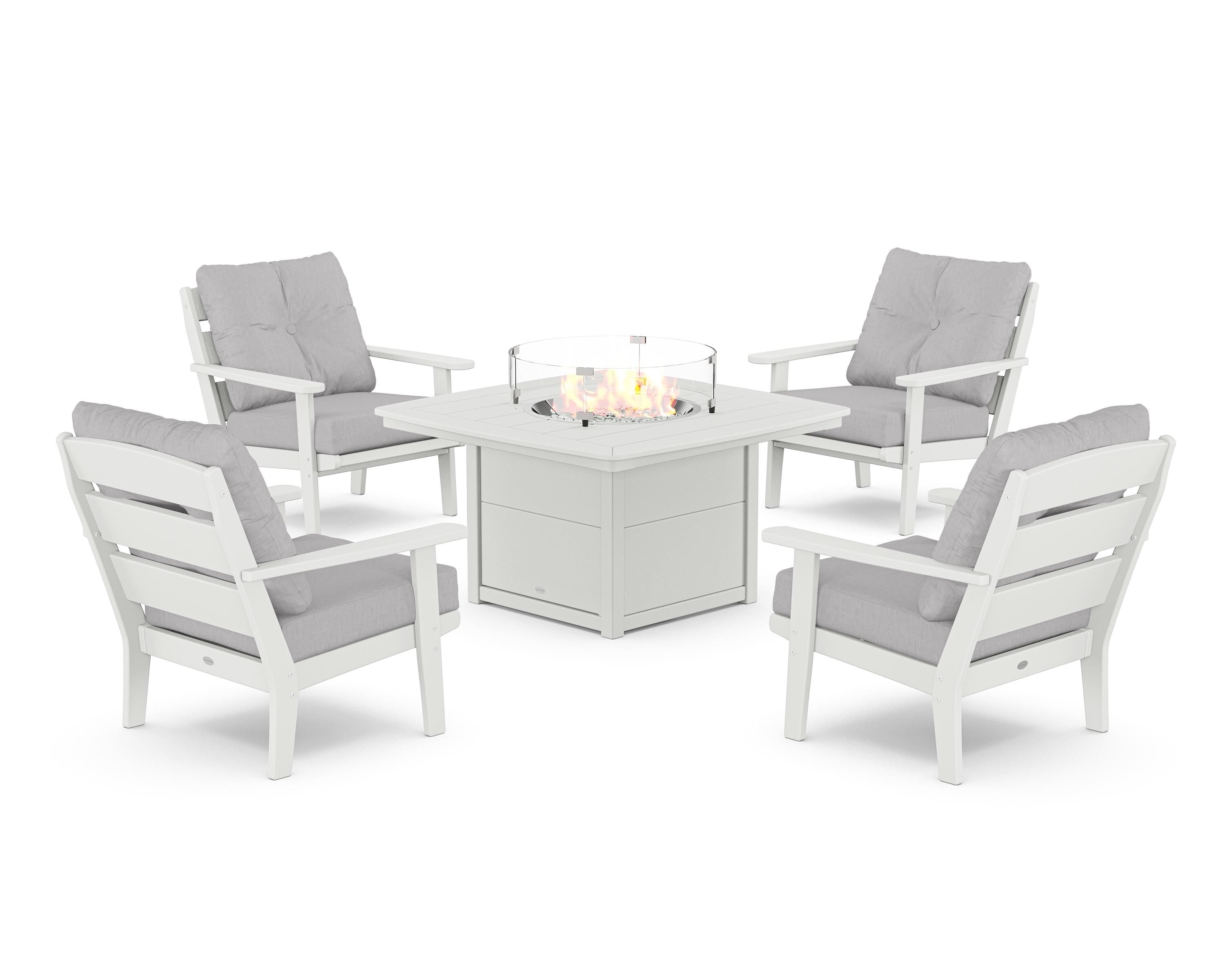 POLYWOOD® Lakeside 5-Piece Deep Seating Set with Nautical Fire Pit Table in White / Granite