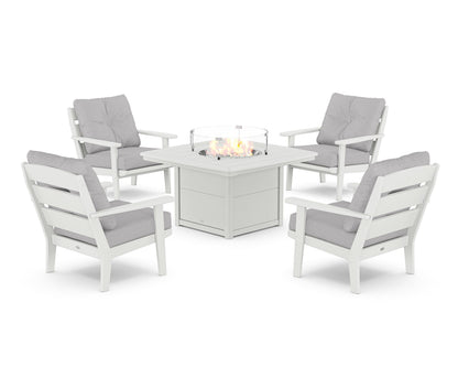 POLYWOOD® Lakeside 5-Piece Deep Seating Set with Nautical Fire Pit Table in White / Granite