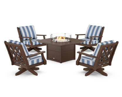 Country Living Wovendale 5-Piece Deep Seating Swivel Conversation Set with Fire Pit Table in Mahogany / Cabana Stripe Sky Blue