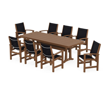 POLYWOOD® Coastal 9-Piece Farmhouse Dining Set with Trestle Legs in Teak / Black Sling