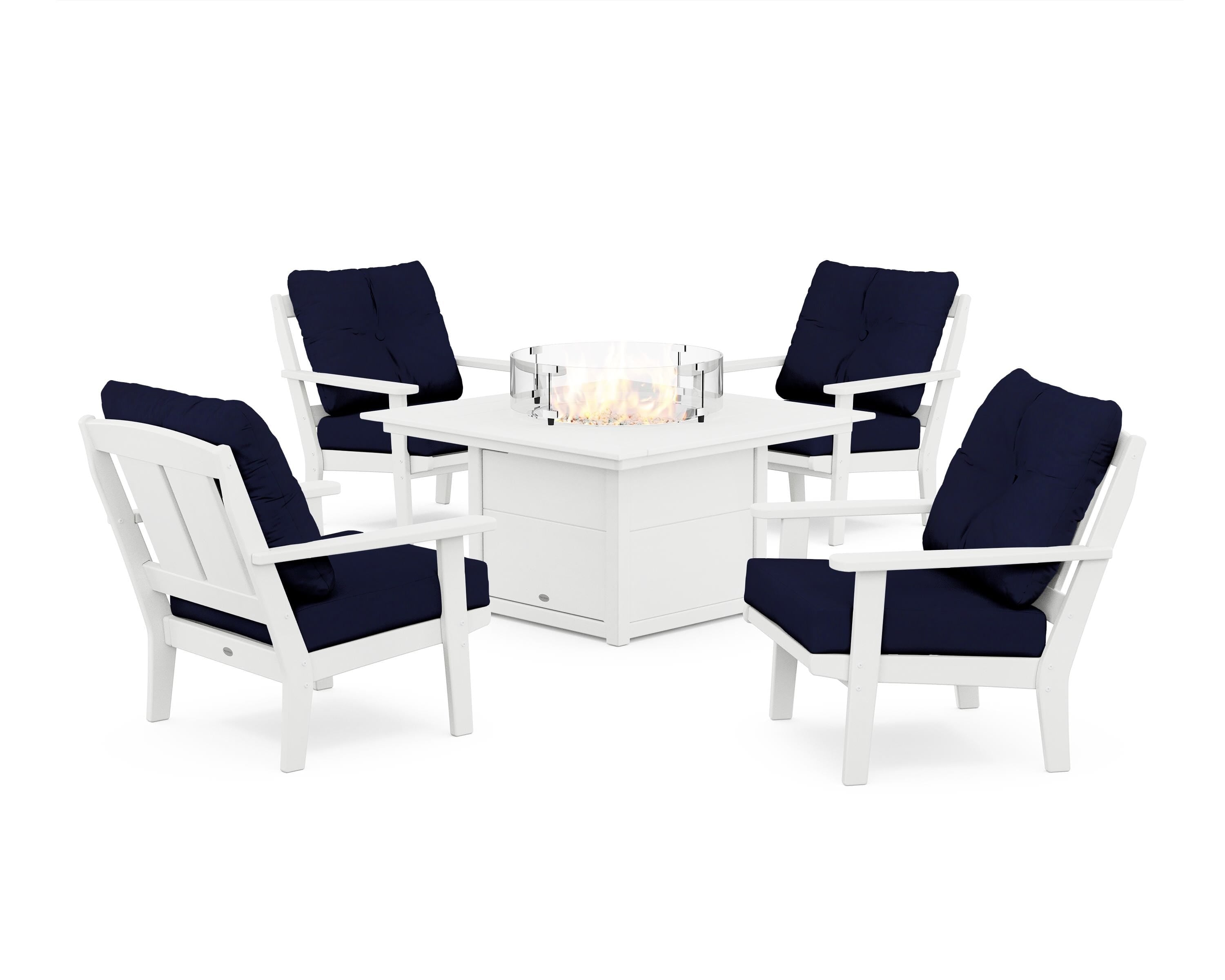 POLYWOOD® Mission 5-Piece Deep Seating Set with Fire Pit Table in White / Navy